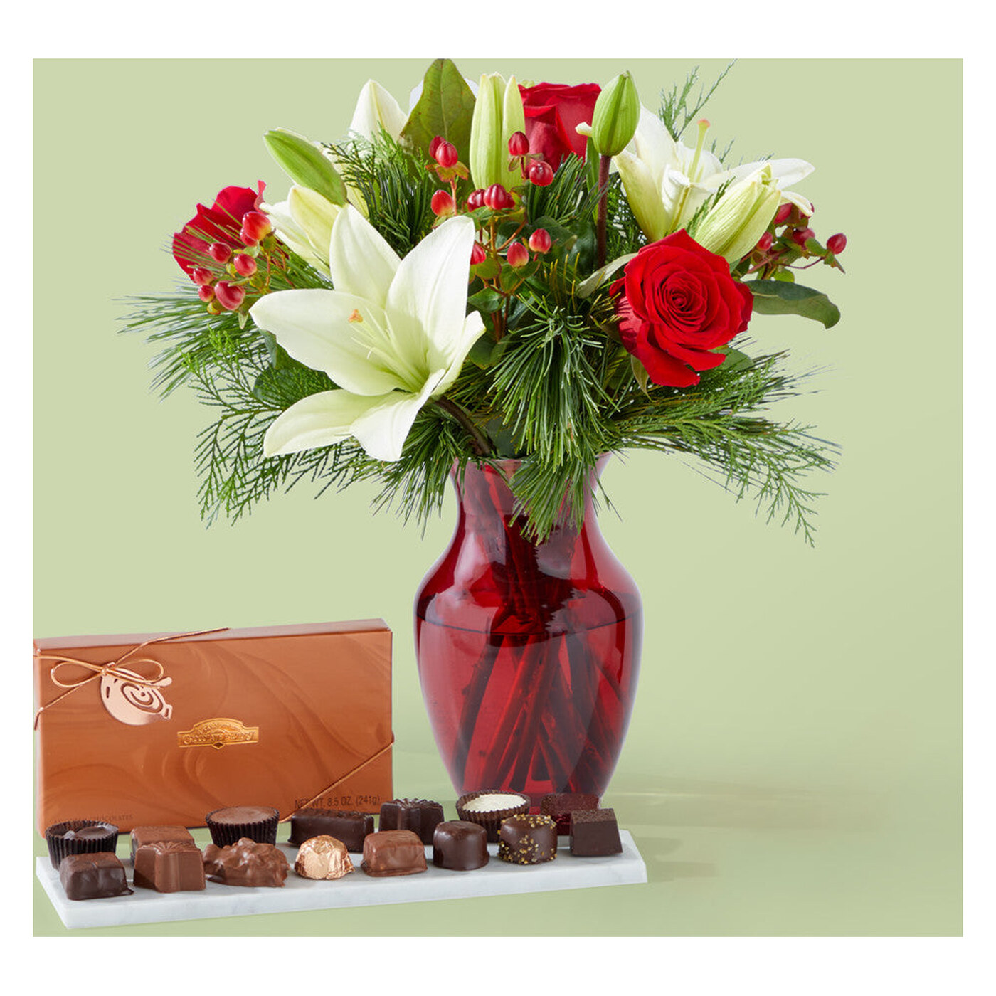 Evergreen Delight Bouquet and Chocolate Gift Set arrangement option 2