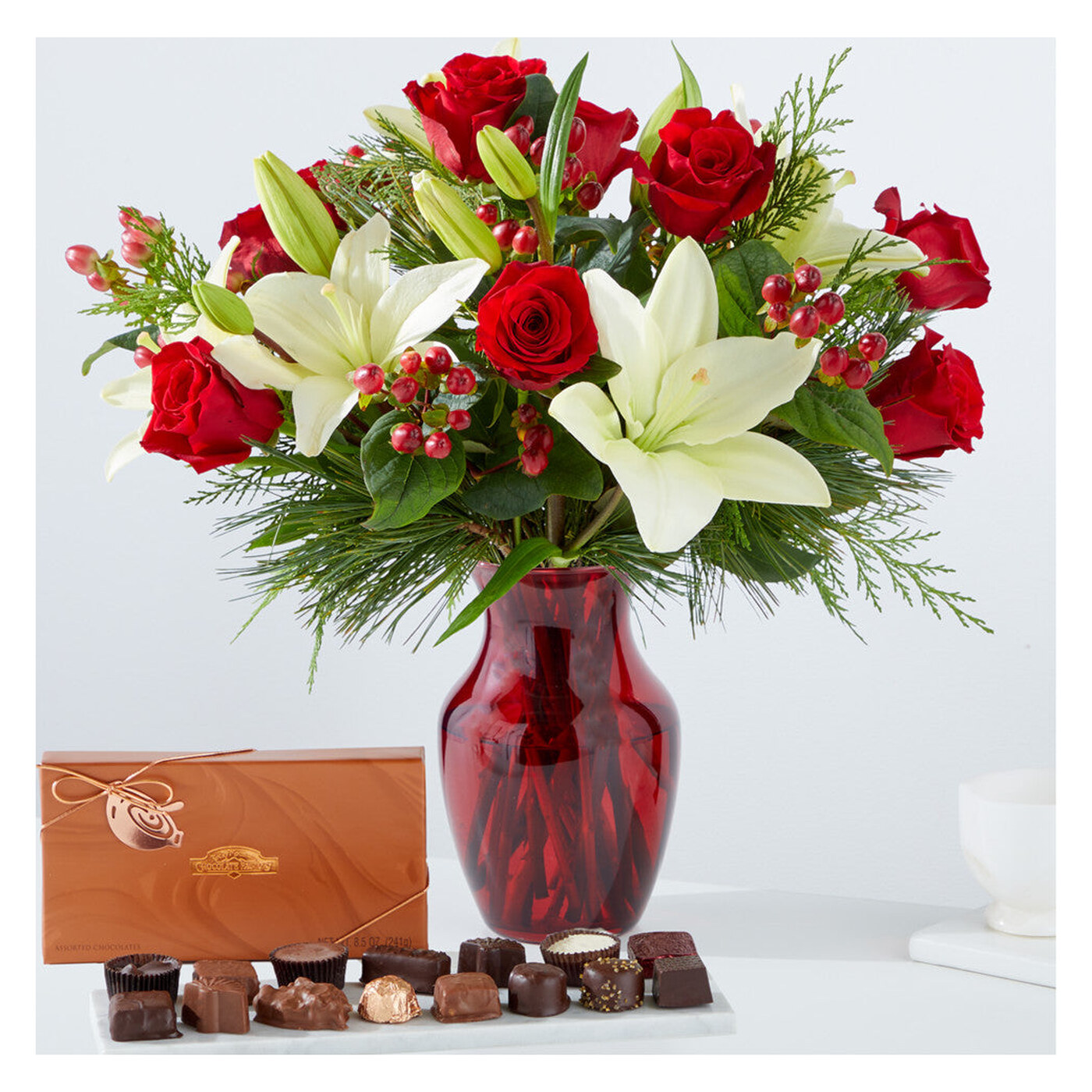Evergreen Delight Bouquet and Chocolate Gift Set arrangement option 3